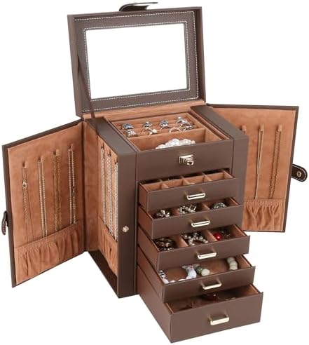 Kendal Jewelry Box, 6-Layer Jewelry Storage Organizer for Necklace Bracelet Rings Watch, 10.2"x8.2"x6" Classic Brown PU Leather 5 Drawers Large Storage Capacity with Mirror by Kendal