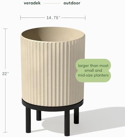 Veradek Demi Series Round Planter w/ Stand for Porch/Patio | Durable Plastic-Concrete & Wooden Stand | Modern Décor for Tall Plants, Flowers - Image 2