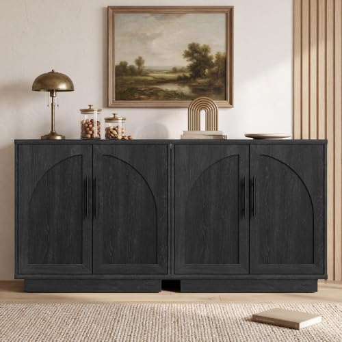 Fatmok Modular Entertainment Center & Buffet Cabinet, Extra Long Sideboard TV Stand with Arched Glass Doors, Modern Wooden Storage Cabinet for Living Room, Black Grey(DCCD,4-Piece) - Image 3