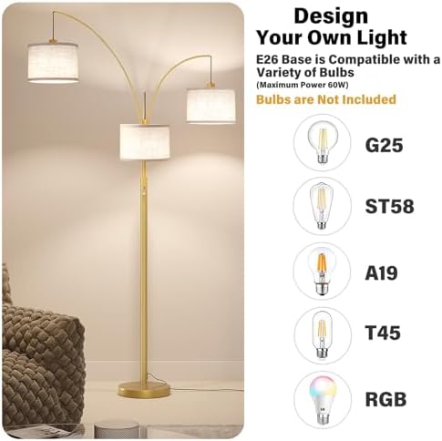 SUNMORY 3 Lights Floor Lamps for Living Room，78" Tall Arc Standing Lamp - Image 4