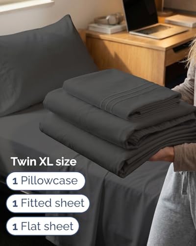 Twin XL 3 Piece Sheet Set - College Dorm Room Essentials - Charcoal - Image 3