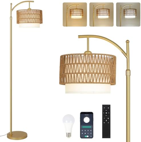 Gold Floor Lamps for Living Room with Remote & Dimmable LED Bulb, Modern Arc Floor Lamp with 3 Color Temperatures, Boho Standing Lamp with Rattan & Fabric Shades, Adjustable Tall Lamp for Bedroom by EYASSI