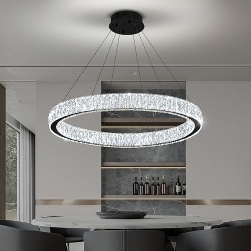 Modern Crystal Ring Chandelier 31.5in Ring Pendant Light Adjustable LED Dimmable Black Crystal Chandelier for Dining Room Living Room - Image 4