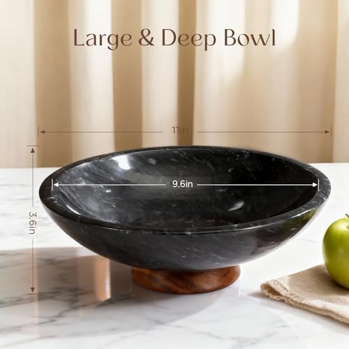 SAMAH Black Marble Fruit Bowl with Acacia Wood Pedestal, Large Decorative Marble Bowl, Natural Stone Fruit Bowl for Kitchen Counter, Entryway, Keys, Dining Table, House Warming Gifts New Home(11Inch) - Image 5