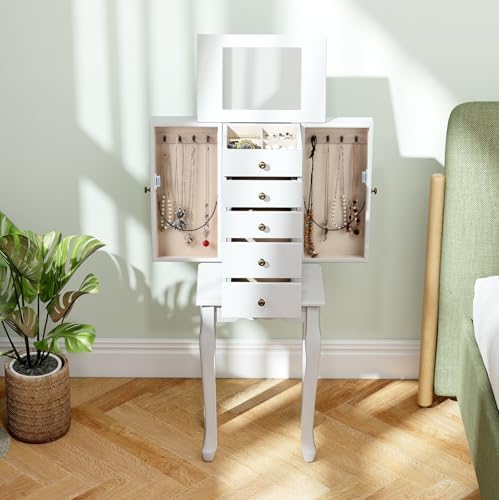 Giantex Standing Jewelry Armoire Cabinet with 4 Drawers, Flip Top Mirror, Top Storage Compartments, 2 Side Doors with 8 Necklace Hooks, Freestanding Jewelry Organizer Box Chest (White) - Image 3