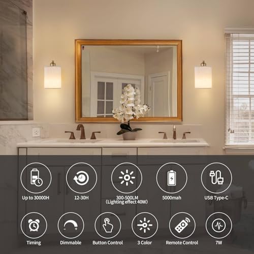 Powfloven Gold Rechargeable Wall Sconces Set of 2 with Remote, Wireless Battery Operated Dimmable LED Wall Lights, Cordless Wall Lighting Lamp Fixture for Bedroom Living Room - Image 4