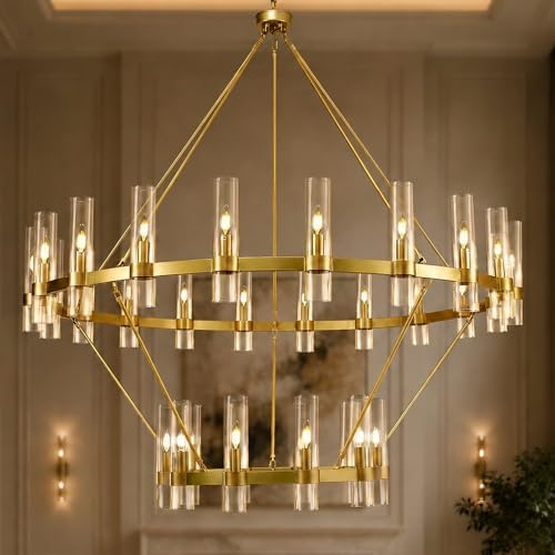 Gold Wagon Wheel Chandelier 2 Tier, 60 Inch Chandeliers with Glass Shade, 30-Light Large Chandelier for High Ceiling, Modern Farmhouse Chandeliers for Living Room, Dining Room, Entryway and Staircase by VarttyalHomeDecorativeLight