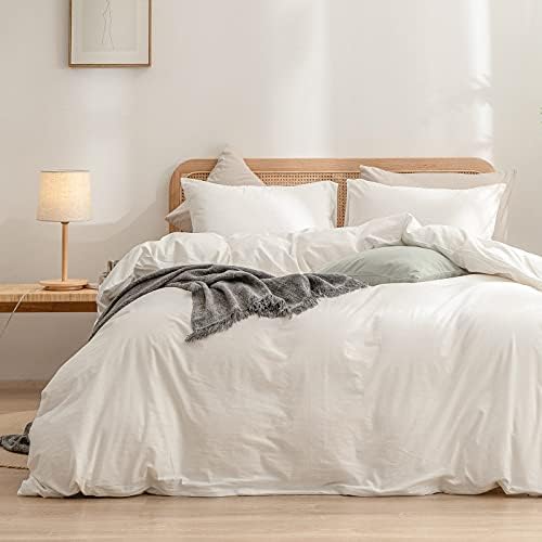 BESTOUCH Cotton Solid Duvet Cover Set Linen Feel Off White Twin by BESTOUCH