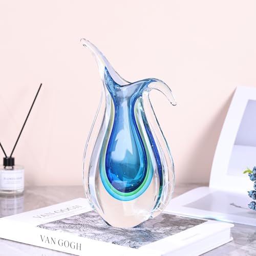 Blue Hand Blown Glass Vase – Oval Decorative Art Glass for Centerpieces, Murano Inspired Decor for Dining Room, Entryway Table, or Shelf, Handmade Glass Vase for Home Display (Blue Green) - Image 4