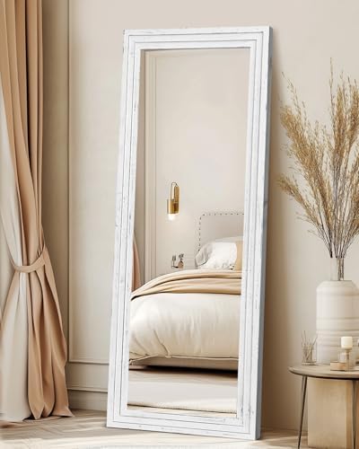 65x22in Full Length Mirror, 3-Tier Stepped Solid Wood Frame, White - Image 6