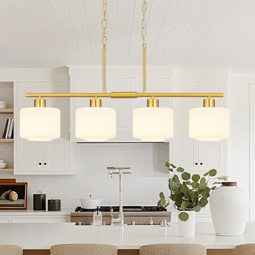 4-Light Brushed Gold Kitchen Island Lighting, Modern Linear Dining Room Chandelier Light Fixtures with Milk Glass and Chain, Mid Century Hanging Lights for Kitchen Island, OS-YQ8153-4ISBGW by Osimir