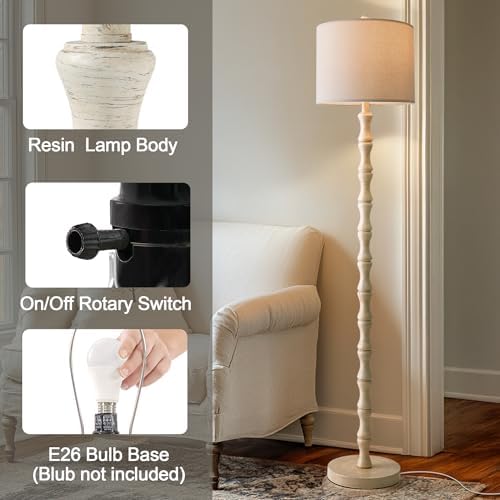 BOBOMOMO 62" Rustic Floor Lamp, Retro Farmhouse Standing Lamp with Rotary Switch, Resin Antique White Floor Lamp for Living Room, Bedroom, Corner, Dining Room, Nursery, Cozy Home Décor - Image 2
