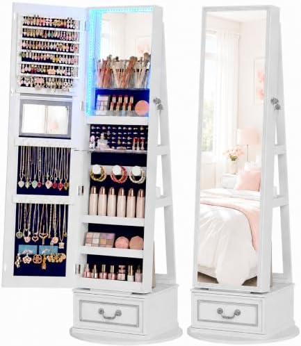 Vlsrka Mirror Jewelry Cabinet Standing with Lights, Lockable, Swivel, White by VlsrkaFurniture