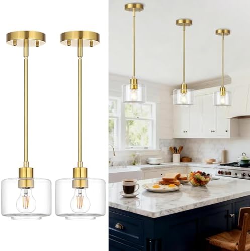 Brushed Gold Pendant Lights Kitchen Island 2 Pack, Modern Clear Glass Hanging Light Fixtures with Rods, Mini Kitchen Pendant Lighting Over Island for Sink Bathroom, OS-YQ8153-2PBGC by Osimir