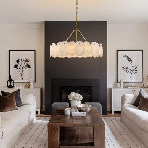 Round Alabaster Chandelier, 32in Spanish Marble Chandeliers for Dining Room, Alabaster Modern Chandeliers for Living Room, Adjustable Gold Chandelier for Bedroom, Bathroom, Kitchen, Foyer, Entryway - Image 2
