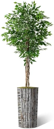 Artificial Tree in Black and Brown Striped Planter, Fake Ficus Silk Tree for Indoor and Outdoor Home Decoration - 75" Overall Tall (Plant Pot Plus Tree) - Image 2
