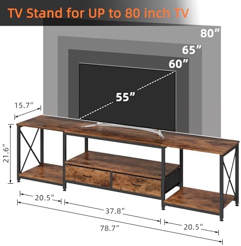 GYIIYUO TV Stand with Fabric Drawers for 80 85 Inches TV - Entertainment Center and Industrial TV Console Table with Open Storage Shelves for Living Room, Bedroom- 79.1" Rustic Brown - Image 2