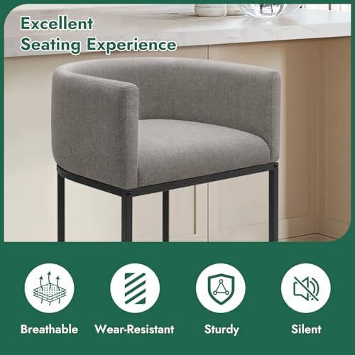 Counter Height Bar Stools Set of 4, 24 Inch Seat Height Barstools for Dining Room, Fabric Upholstered Bar Chair for Kitchen Island, Linen Counter Stools with Metal Legs, Gray - Image 4