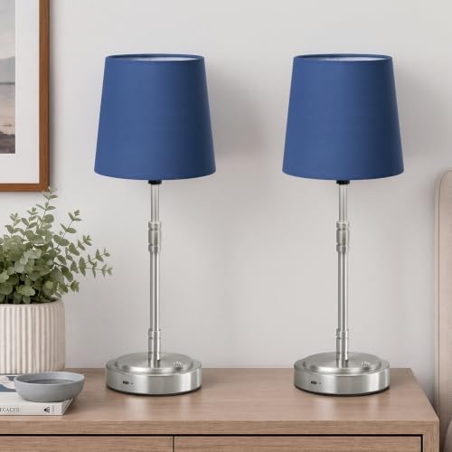 Cordless Table Lamps Set of 2 – Battery Operated Lamp with 7500mAh Rechargeable Battery, Stepless Dimmable Brushed Nickel Lamps with Blue Shade, Wireless Lamps for Dining Room (Bulbs Included) by BringBrightnesstoYourLife