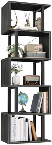 Furologee 6 Tier Bookshelf, S Shaped Geometric Bookcase, Black Oak by Furologee