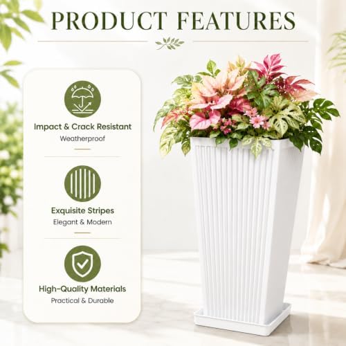 NicBex 24" Tall Planters for Outdoor Plants Set of 2 Square Fluted,White - Image 4