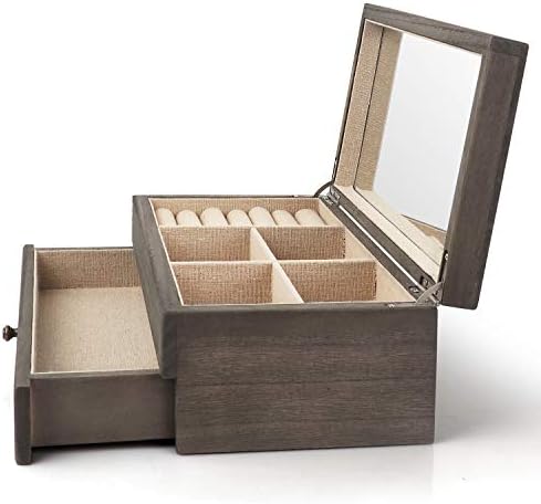 Meangood Jewelry Box Organizer for Women, 2 Layer Large Jewelry Storage Case, Rustic Wooden Jewelry Box with Mirror & Ring Tray for Necklace Earring Bracelets Rings, Vintage Style (Weathered Grey) - Image 6
