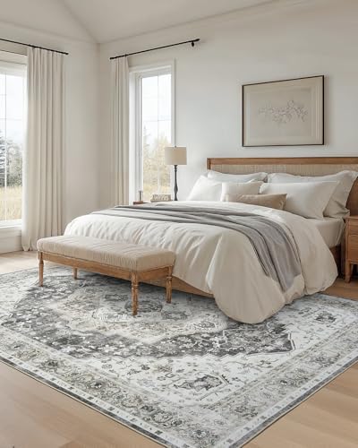 Amada Large 8x10 Washable Area Rug for Living Room, Grey, Vintage Pattern - Image 3