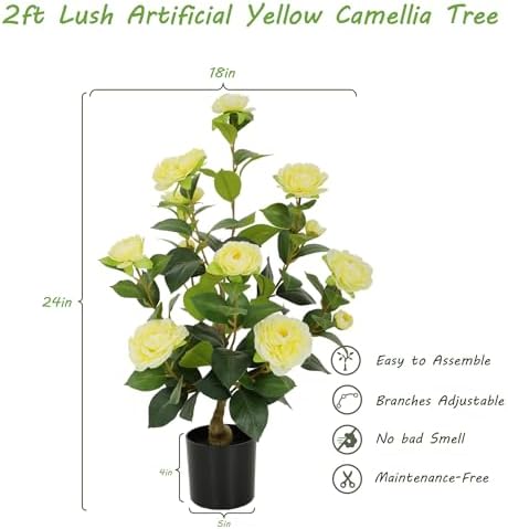 Nafresh 2FT Lush Artificial Yellow Camellia Tree Outdoor 2 Pack, 24inch Faux Camellia Plant, Fake Camellia Flowers Tree for Indoor Outdoor Living Room Home Patio Front Door Garden Decor - Image 5