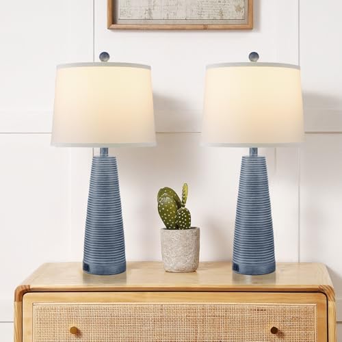 Terpsichore Nightstand Lamp Bedside Lamps Set of 2 Vintage Rustic Farmhouse Table Lamp 3 Way Dimmable Horizontal Stripe Light,Suitable for Living Room Bedroom,with Linen Shade LED Bulb,USB A+C Port by Terpsichore
