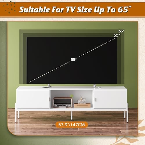 WLIVE 58" TV Stand for 65 Inch TVs, Mid Century Modern Entertainment Center with 2 Storage Cabinets & Open Shelf, Media Console Table with Metal Legs for Living Room, Bedroom, White - Image 3