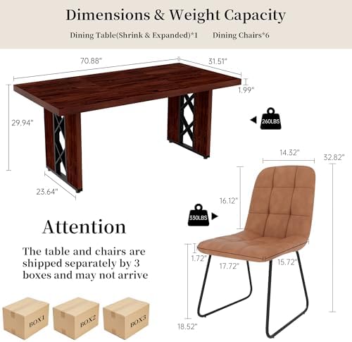 HIPIHOM 7-Piece Dining Table Set for 6, Walnut Table with 6 PU Brown Chairs - Image 2
