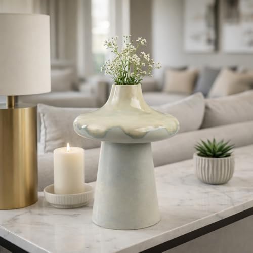 Modern Mushroom Vase for Living Room and Home Decor - Decorative Flower Vase Accent with Earthenware Pottery Design - Decorative Table Accent for Bedroom, Room, House and Office Display - 12”, Blue - Image 2