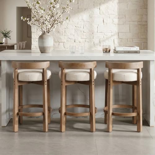 LukeAlon Mid Century Linen Counter Stools Set of 3, Upholstered 26.5" Seat Height Low Barstools with Natural Wood Legs Round Low Back Kitchen Stools with Footrest for Dining Room, Beige by LukeAlon