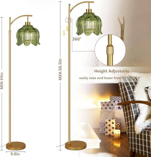 QIYIZM Green Floor Lamp for Living Room,Bedroom,Gold Dimmable Standing Lamp with Remote,Mid Century Modern Brass Tall Lamp Boho Floor Lamps Arc Vintage Glass Flower Floor Light Lamp Girls Bohemian - Image 7