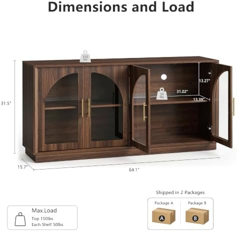 FORTUNETEC 64" Sideboard Buffet Cabinet with Arched Glass Doors,Dark Walnut - Image 2