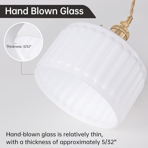Shenmoyl Plug in Pendant Light Hanging Light Fixtures with Plugin Cord On/Off Switch,White Striped Glass Lampshade Brass Pendant Light - Image 6
