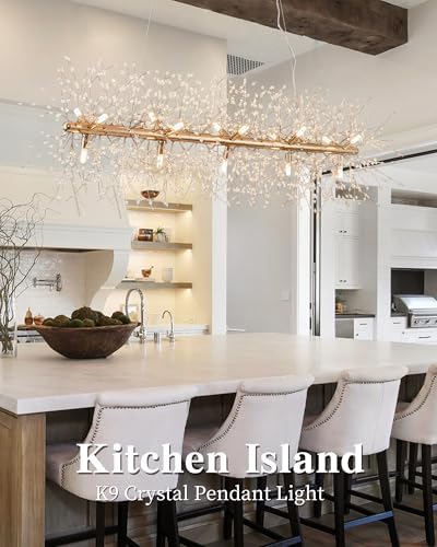 Modern 47.2" Modern Gold Crystal Firework Chandelier, 15-Light Pendant Light Fixture, Rectangle Linear Sputnik Dandelion Chandeliers for Dining Room Kitchen Living Room - Image 6
