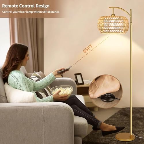 Gold Floor Lamp for Living Room with 3 Color Temperatures,Arc Boho Floor Lamps with Remote Control, Rattan Standing Lamp with Wicker Lamp Shades Dimmable Tall Floor Lamp For Bedroom Living Room Corner - Image 5