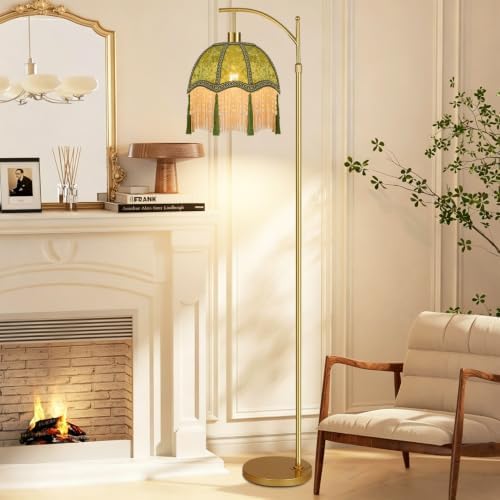 Vintage Floor Lamps for Living Room Boho Rustic Floor Lamp with Remote Control & 3 Color Temperature,Dimmable Gold Floor Lamp Mid Century Modern Standing Lamp Fringe Green Tall Floor Lamp For Bedroom - Image 3