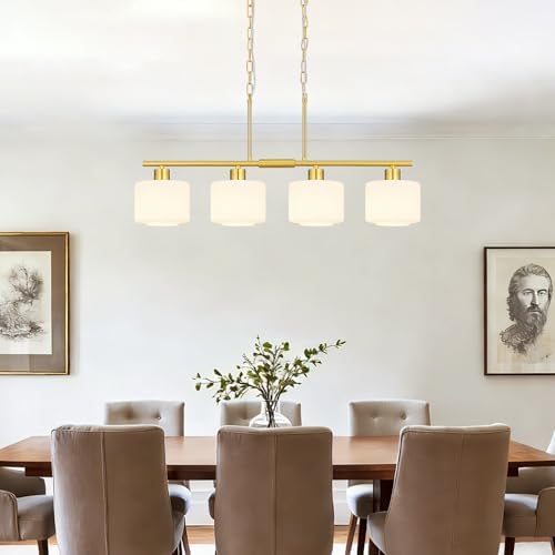 4-Light Brushed Gold Kitchen Island Lighting, Modern Linear Dining Room Chandelier Light Fixtures with Milk Glass and Chain, Mid Century Hanging Lights for Kitchen Island, OS-YQ8153-4ISBGW - Image 6