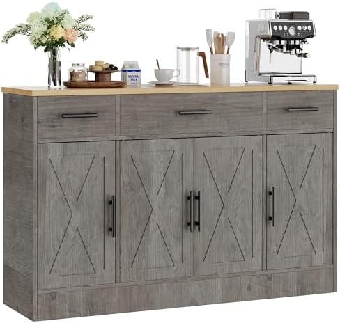 Shintenchi Buffet Cabinet with Storage,53.4" Large Kitchen Storage Cabinet with 3 Drawers and 4 Doors,Wood Farmhouse Buffet Sideboard with Adjustable Shelf for Kitchen Living Room, Gray by Shintenchi%7CFurnitureMadeforRealLife