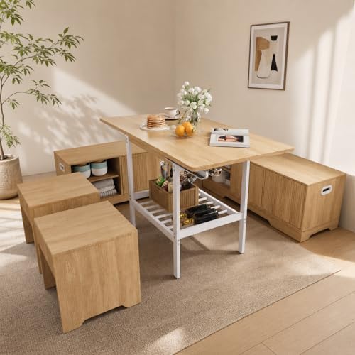 Extendable 6-Piece Breakfast Nook Set with Storage Benches & Stools, Corner Dining Table Set with Wine Glass Holder, Space-Saving Kitchen Table for Indoor/Outdoor Use (Natural Wood) by MOMOKOVA