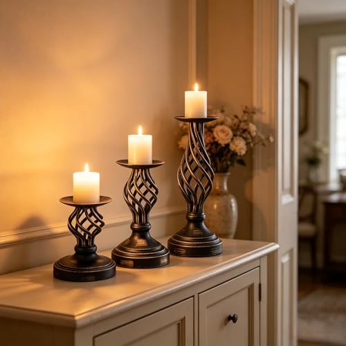 GOESWELL Black Pillar Candle Holder: Vintage Candle Holders Set of 3 for Table Centerpieces Mantle Living Room - Metal Openwork Candle Sticks Holder Decor for Farmhouse Wedding - Image 7