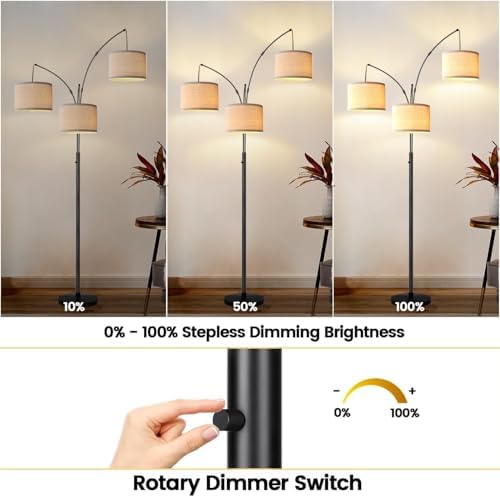 Dimmable 3 Lights Floor Lamp - 3000LM Super Bright Arc Floor Lamps for Living Room, Modern Tall Standing Lamp With Beige Shades, Mid Century Tree Floor Lamp for Bedroom Office, 3 LED Bulbs Included - Image 3