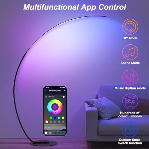 E.P. Light RGBW Modern 69.99 inch Arched Standing Reading Floor Lamp with Remote - Dimmable Black Led Color Changing Curved Ambient Lighting for Bedroom and Living Room - Image 2