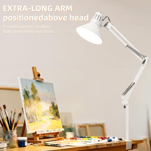 White Desk Lamp with Clamp, Extra-Tall Adjustable Metal Swing Arm, 5000K - Image 2