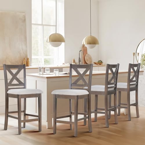 COLAMY Upholstered Counter Height Bar Stools Set of 4, Modern Kitchen Island Barstools Chairs with Cross Back and Wood Legs for Dining Room Bar, Light Brown Wash by COLAMYHOME