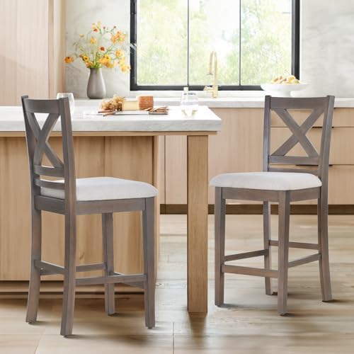 COLAMY Wooden Bar Stools Set of 2, Counter Height Bar Stools, Mid Century Modern Bar Stools with Backs, 25 Inch Upholstered Fabric Wooden Barstools for Kitchen Island Dining Room Bar, Light Brown Wash - Image 3