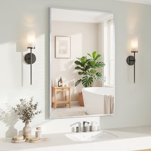 Koonmi Silver Rectangle Wall Mirror, 26x38 Inch Bathroom Mirror, Aluminum Frame Vanity Mirror for Entryway, Living Room, Bedroom Bathroom, Hangs Horizontally or Vertically by KOONMI