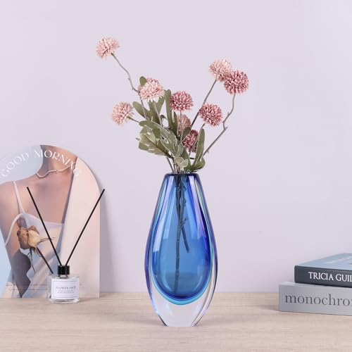 Hand Blown Glass Vase – 8.9" Tall Oval Decorative Art Glass with Colorful Speckled Finish, Luxury Centerpiece for Dining Table, Coffee Table, Mantel, Shelf, Murano Coastal Decor (Blue) - Image 3
